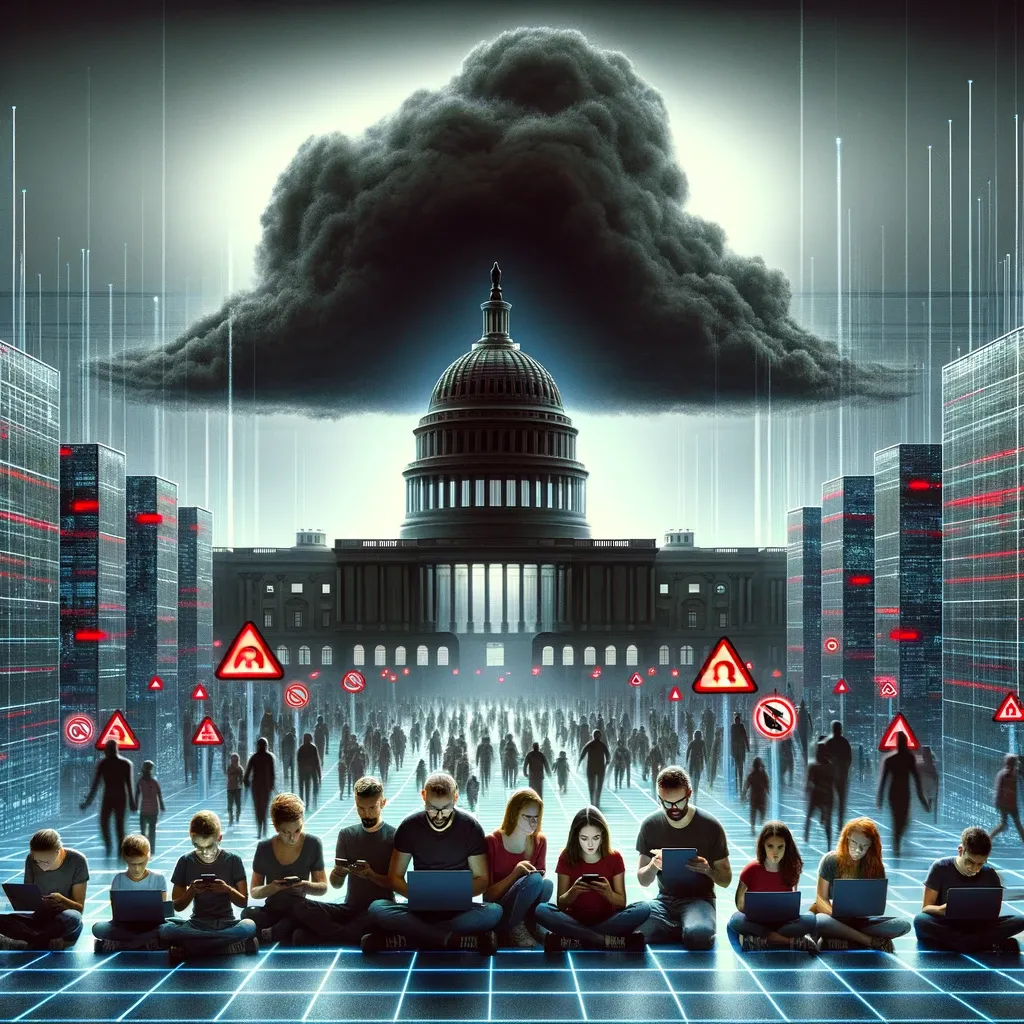 A storm above the US Capitol amid a city made of laser-grids, while people stare at phones and computers in a long line.