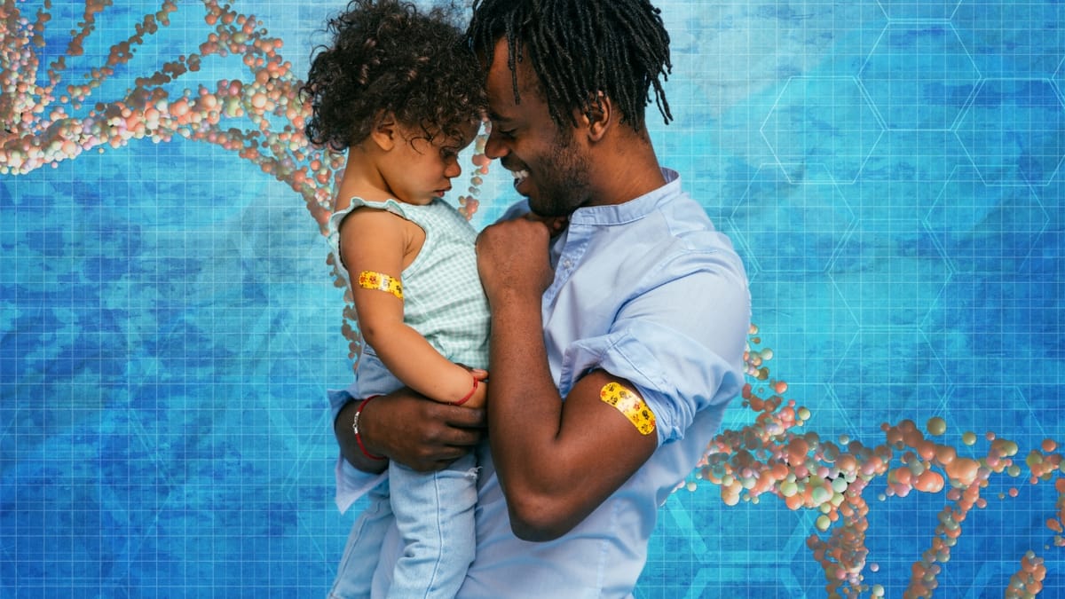 A father and child, both with bandaged arms, share a loving moment after receiving vaccinations, with a DNA helix background.