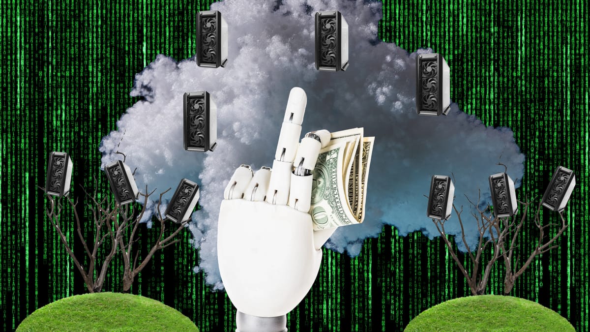 A robot hand with middle finger up holds cash. Behind it, a wall of code and cloud feature barren trees bearing GPU fruits. 