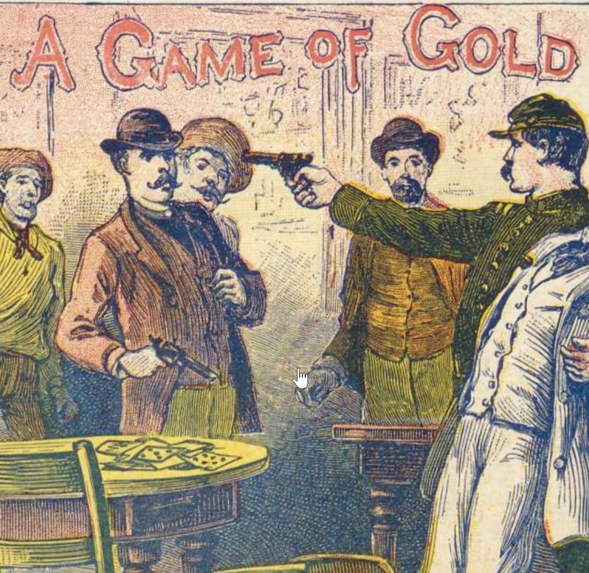  Dime-novel cover: in a saloon, a uniformed man aims a revolver at a mustached gambler, onlookers watch, and a card-covered table sits in front.