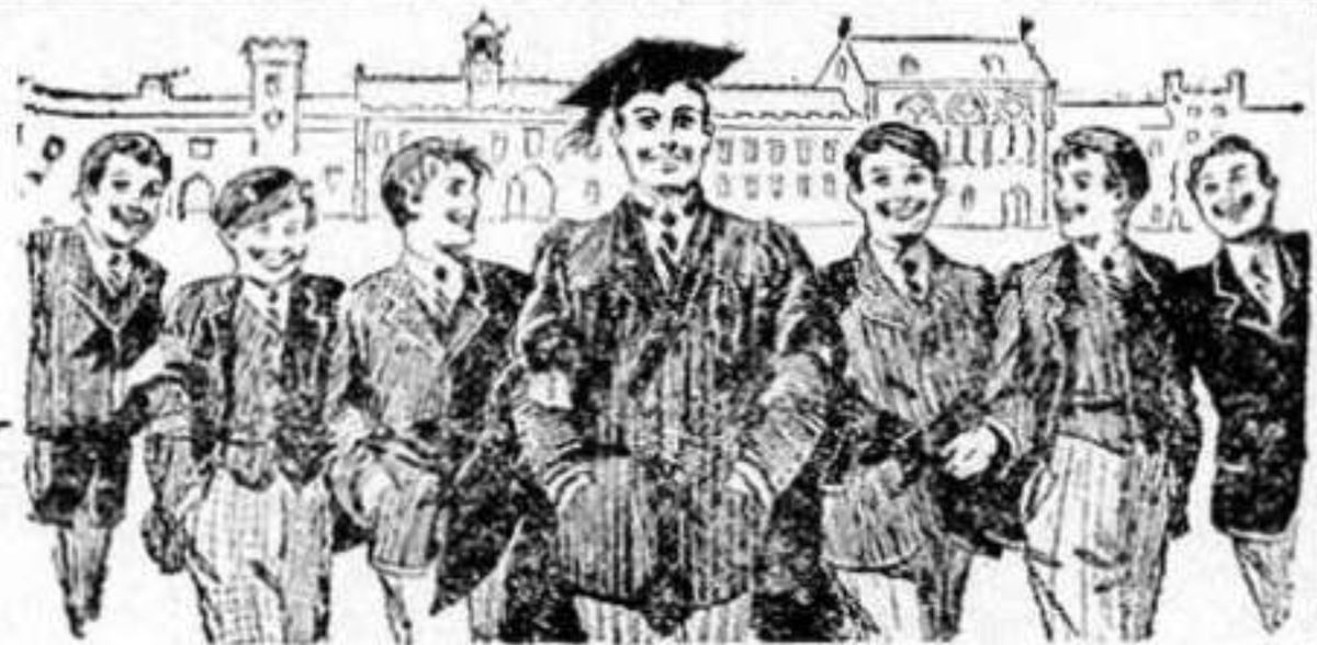 Retro illustration of a smiling graduate in a cap and gown and six young men in suits in front of a grand university building.