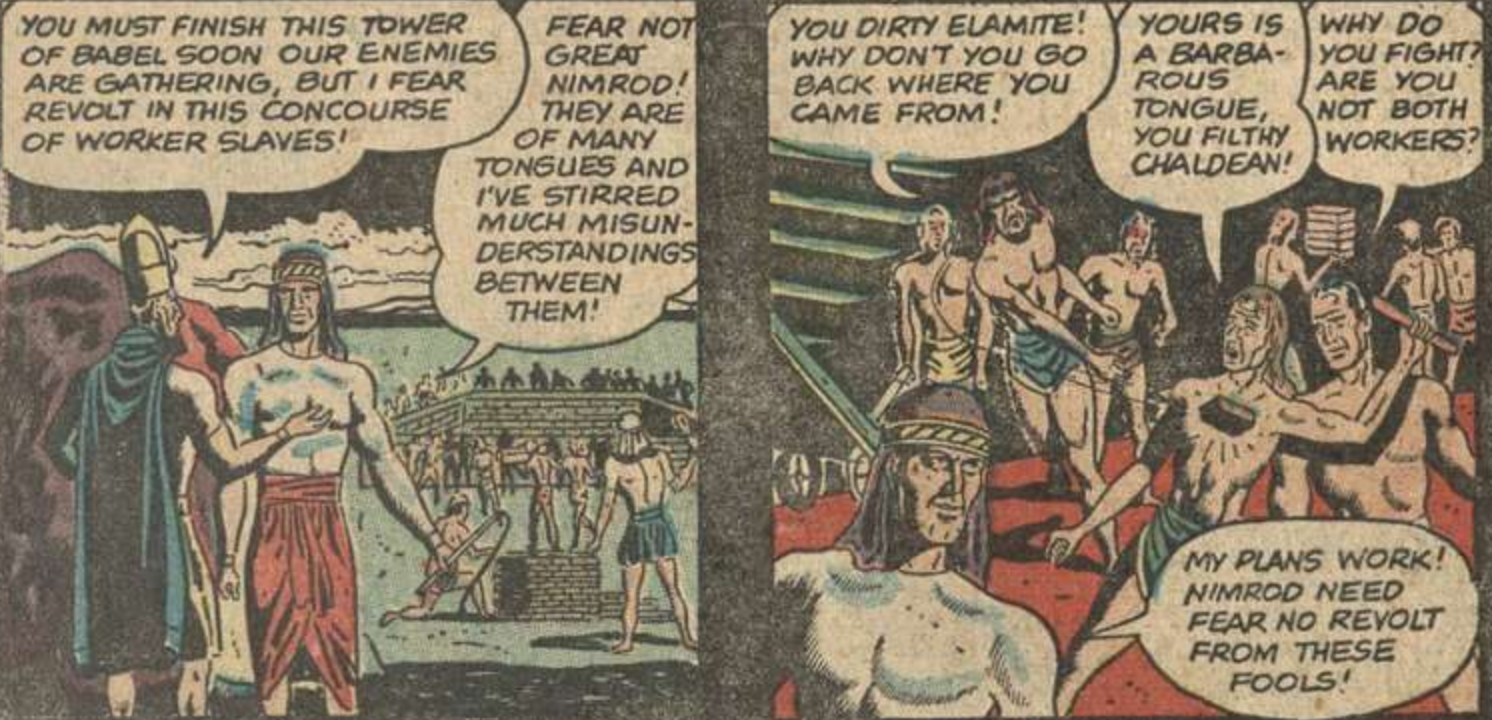 A group of ancient workers in loincloths arguing with a man in a red garment about finishing a tower; he's turning the workers against each other..