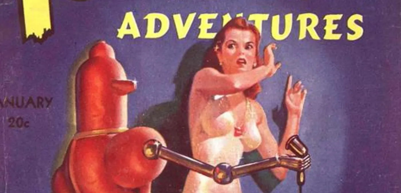 "A woman with red hair is held at gunpoint by a robot in a vintage science fiction comic book cover."