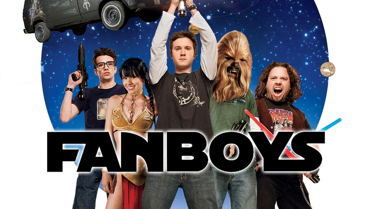 Cover for fanboys film: nerdy white kids dressed in star wars costumes.