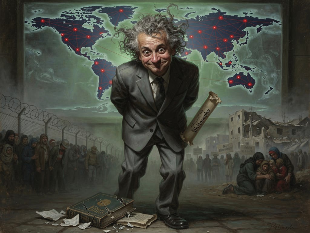 Satirical oil painting of a weaselly businessman hiding a philosophy diploma, standing before a global surveillance map with scenes of oppression and a shattered ethics book at his feet.