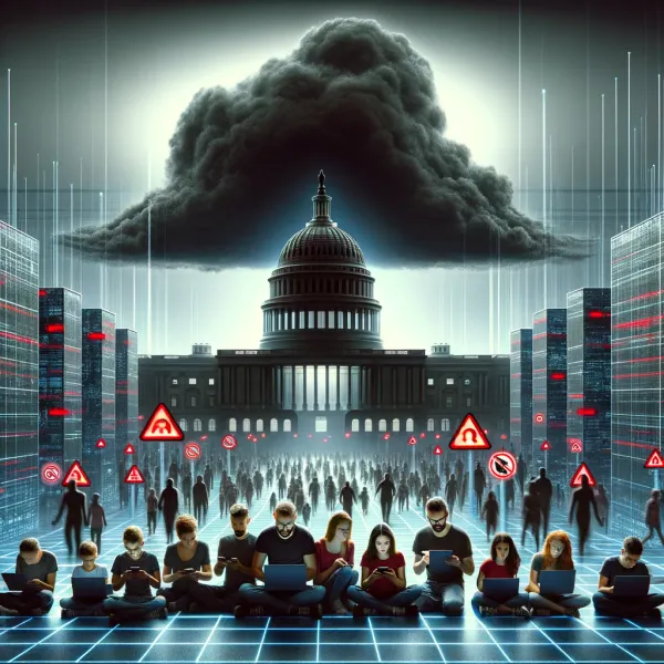A storm above the US Capitol amid a city made of laser-grids, while people stare at phones and computers in a long line.