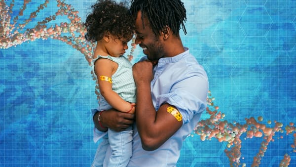 A father and child, both with bandaged arms, share a loving moment after receiving vaccinations, with a DNA helix background.