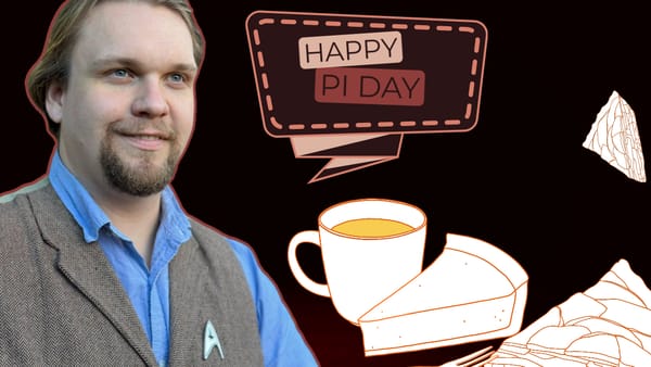 Odin (author) smiling. 'Happy Pi Day' with coffee and pie illustration.