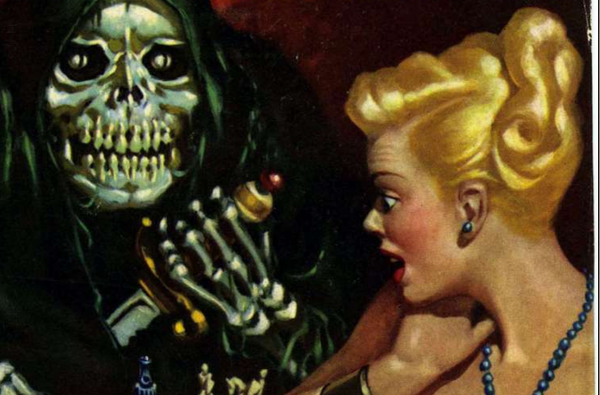 A retro-style pulp fiction illustration depicts a hooded skeleton with glowing eyes and a dagger menacing a shocked blonde woman