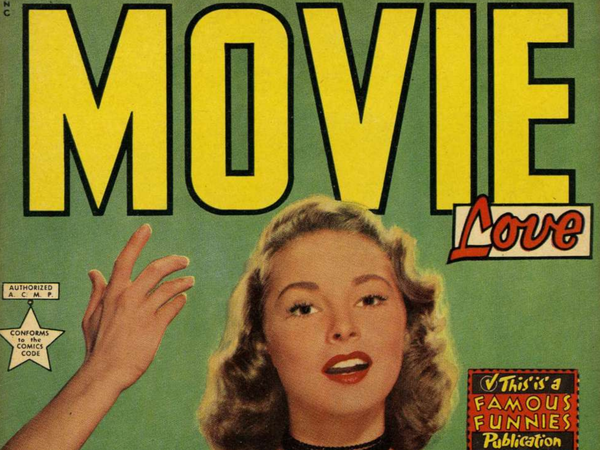 A vintage comic book cover titled "MOVIE Love" featuring a painted portrait of a woman with wavy hair looking upward against a solid green background.