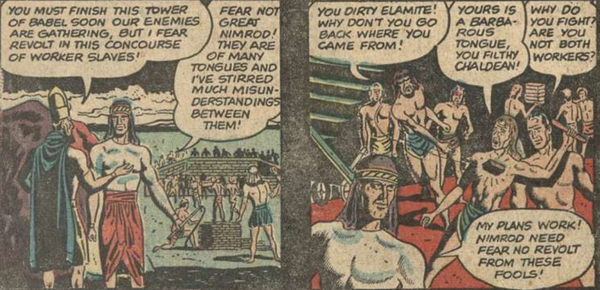 A group of ancient workers in loincloths arguing with a man in a red garment about finishing a tower; he's turning the workers against each other..