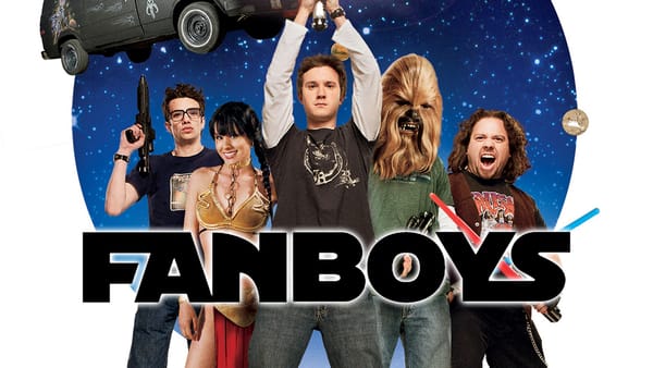 Cover for fanboys film: nerdy white kids dressed in star wars costumes.