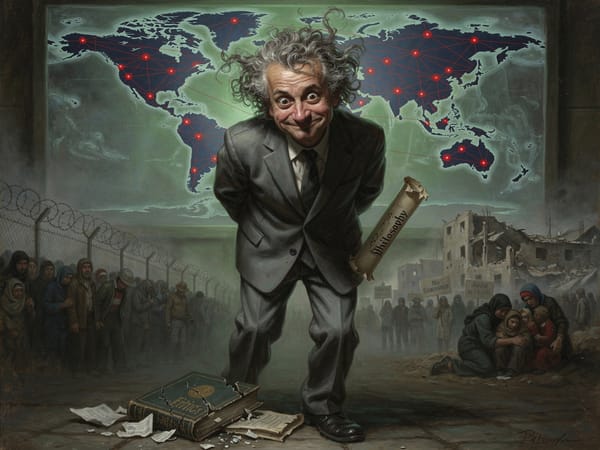 Satirical oil painting of a weaselly businessman hiding a philosophy diploma, standing before a global surveillance map with scenes of oppression and a shattered ethics book at his feet.